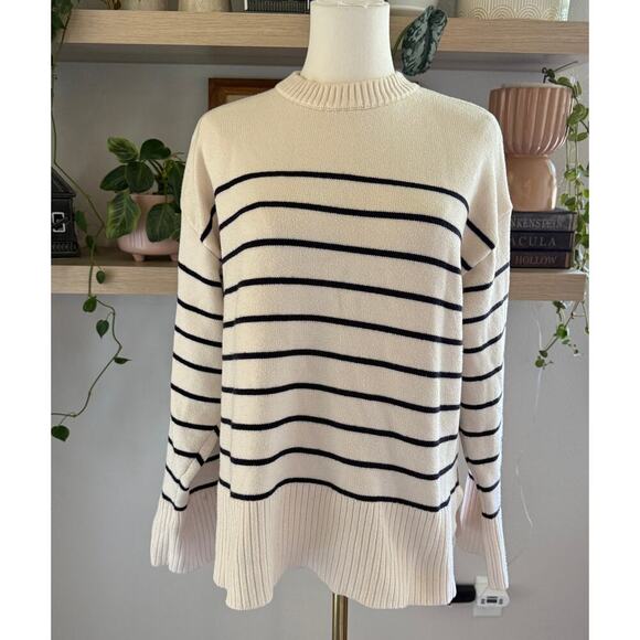 Zara Striped Knit Sweater Cream Black Relaxed Pullover Womens Small Preppy Chic - Picture 1 of 8